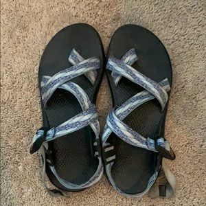 blue and orange speckled chacos